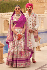 Exclusively for couple combo designer outfit in pure pv silk and foil print with detailed hand mirror work